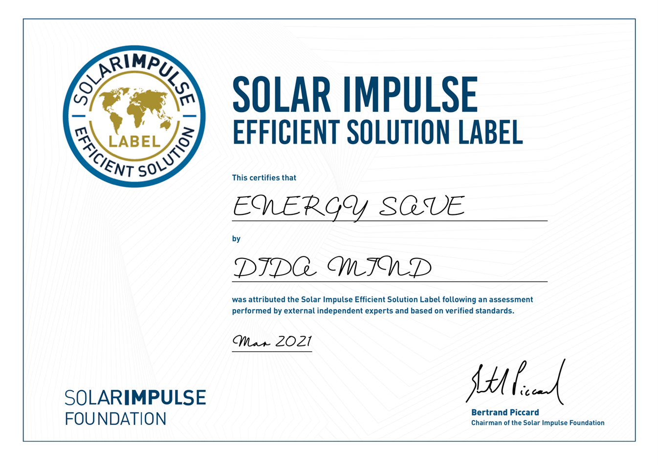 Certificat Solar Impulse Efficient Solution